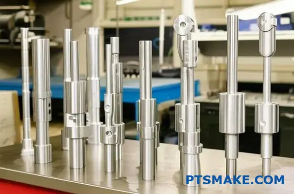 Różne ultradźwiękowe rogi spawalnicze wykonane z tytanu, aluminium i stali, pokazujące różne konstrukcje i geometrie rogów do zastosowań spawalniczych Branson