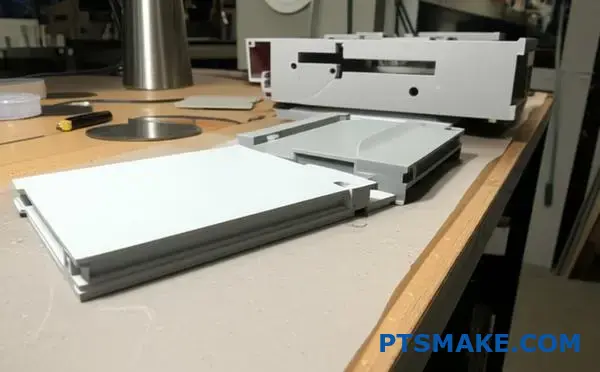 Trzy plastikowe elementy obudowy wyświetlające różne konfiguracje ultradźwiękowych połączeń spawalniczych do zastosowań spawalniczych Branson