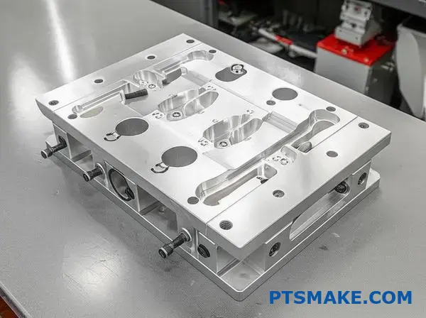 Precyzyjny aluminiowy uchwyt spawalniczy z mechanizmami zaciskowymi do zastosowań związanych z łączeniem ultradźwiękowym na przemysłowym stole warsztatowym