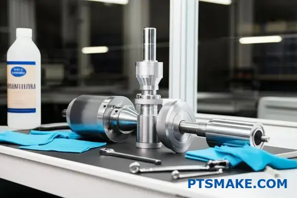 Zgrzewarka ultradźwiękowa Branson do zgrzewania akustycznego elementów stosu z narzędziami montażowymi, w tym kluczem płaskim i kluczem dynamometrycznym na stole warsztatowym