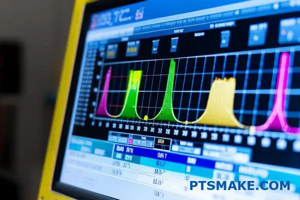 Cyfrowy ekran sterowania wyświetlający wykresy diagnostyczne spawania ultradźwiękowego i analizę danych w celu rozwiązywania problemów związanych z jakością spawania.