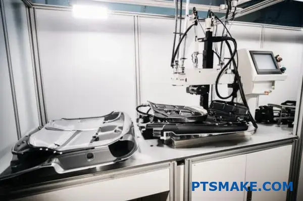 Przemysłowa zgrzewarka ultradźwiękowa przetwarzająca plastikowe komponenty samochodowe, pokazująca precyzyjny projekt złącza dla optymalnych wyników łączenia