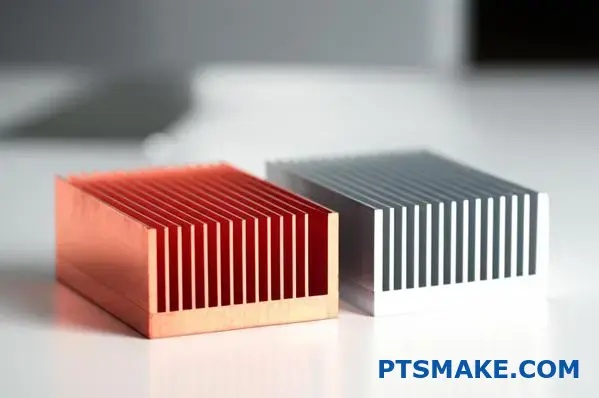 Dois componentes de gestão térmica diferentes, feitos de cobre e alumínio, mostrando as diferenças de conceção das aletas de dissipação de calor