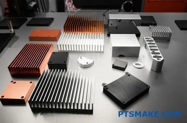 Vários componentes de gestão térmica que apresentam diferentes materiais de dissipação de calor e soluções de arrefecimento para aplicações electrónicas