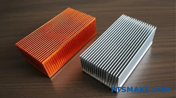 Componentes de arrefecimento em cobre e alumínio mostrando diferentes soluções de gestão térmica para dissipação de calor eletrónico