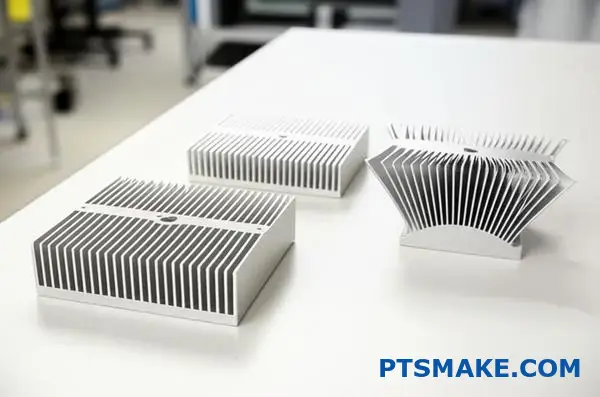 Três designs de dissipadores térmicos em alumínio com configurações de alhetas rectas, com pinos e alargadas para aplicações de arrefecimento