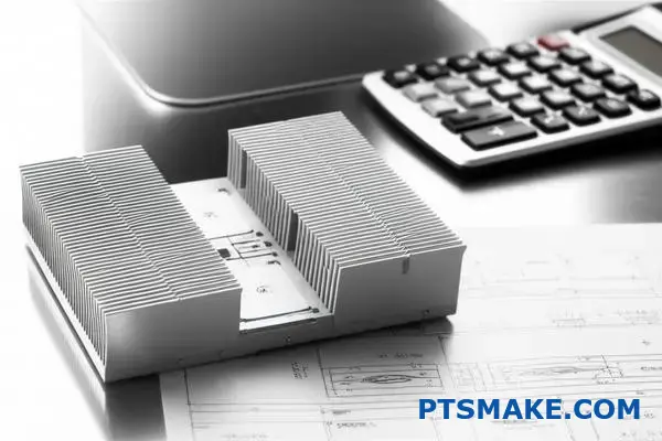 Dissipador de calor em alumínio de elevado desempenho com várias aletas de arrefecimento e componentes de gestão térmica apresentados num espaço de trabalho profissional