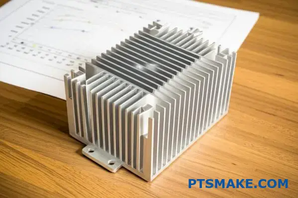 Componente de dissipador de calor em alumínio com documentação de desempenho para análise da resistência térmica e otimização do sistema de arrefecimento