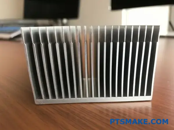 Dissipador de calor moderno em alumínio com alhetas de arrefecimento verticais numa superfície de secretária de madeira, mostrando o design de gestão térmica