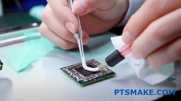 Um técnico profissional aplica cuidadosamente o material da interface térmica à CPU para um desempenho ótimo de transferência de calor