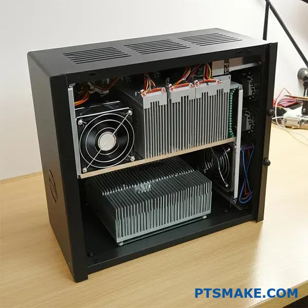 Caixa eletrónica aberta que apresenta um sistema de arrefecimento organizado com componentes de dissipação de calor e gestão do fluxo de ar