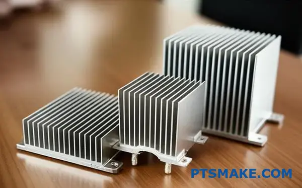 Múltiplas aletas de arrefecimento em alumínio que apresentam diferentes soluções de gestão térmica para dissipação de calor de dispositivos electrónicos