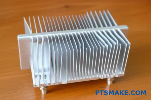 Dissipador de calor profissional em alumínio com alhetas de arrefecimento verticais apresentadas numa superfície de madeira para aplicações de gestão térmica