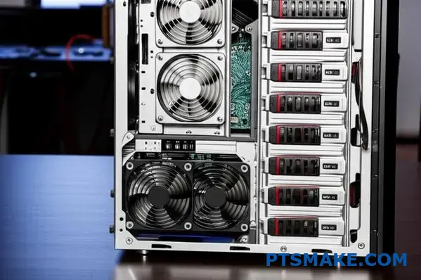 Computador servidor moderno com componentes dissipadores de calor expostos e sistema de gestão térmica sobre a secretária para análise do arrefecimento