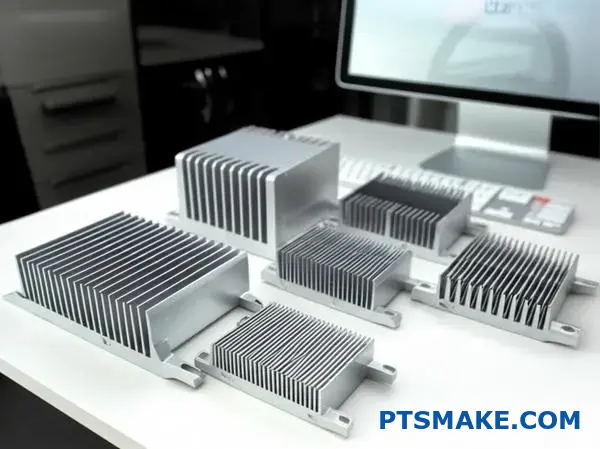 様々なフィン構成と電子機器冷却用途の放熱ソリューションを示す複数のアルミニウム・ヒートシンク設計