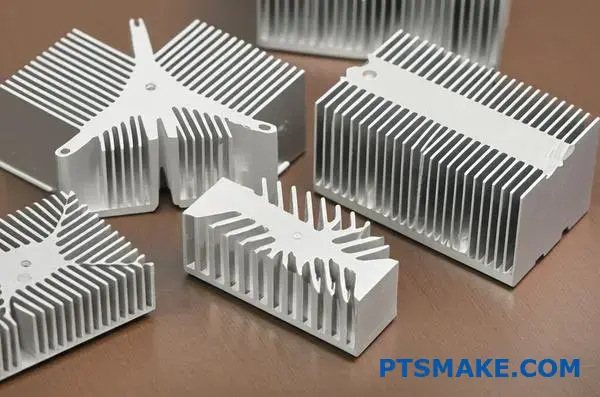 電子機器用押出・切削冷却フィン設計を表示する各種アルミ放熱部品