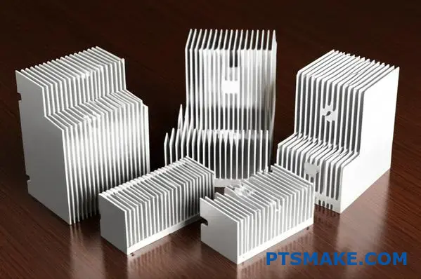 さまざまなフィン構成と熱管理設計を木製の表面に表示した、さまざまなアルミニウム製ヒートシンクのプロファイル