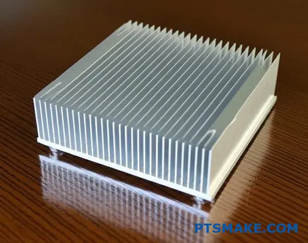 高密度に配置された垂直冷却フィンが特徴的な、詳細なアルミニウム製ヒートシンク。