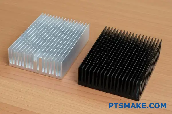 クリアアルマイトとブラックアルマイトのヒートシンクの比較。