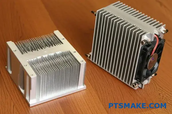 熱管理アプリケーションのための機械加工と押し出しヒートシンクの設計を示す2つのアルミニウム冷却ソリューション