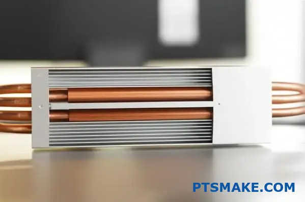 Szczegółowy widok radiatora z zarządzaniem termicznym pokazujący elementy rurki cieplnej i strukturę układu chłodzenia