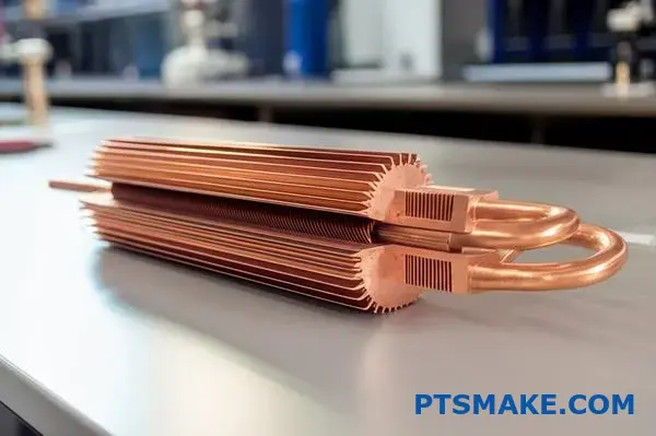 Widok przekroju miedzianej rurki cieplnej przedstawiający komorę próżniową i elementy wymiany ciepła