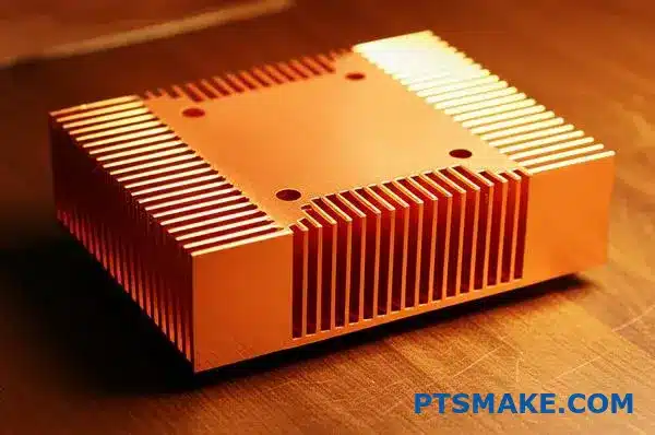 Precisionsbearbetad värmehanteringskomponent i koppar med detaljerad fenstruktur för värmeavledningsapplikationer