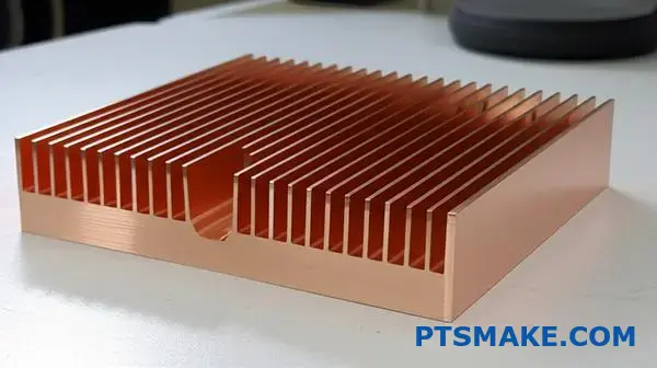Närbild av bearbetad kylfläns i koppar med slät, reflekterande ytfinish för optimal värmeledningsförmåga
