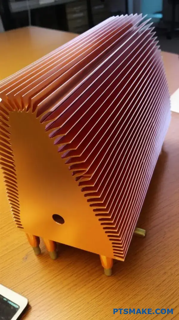 Värmehanteringskomponent i tung koppar med flera kylflänsar som visas på ett kontorsbord