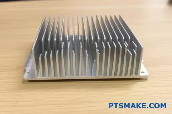 Värmehanteringskomponent i silverfärgad aluminium med parallella kylflänsar för elektronisk värmeavledning