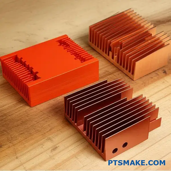 Olika material för kylflänsar i koppar med skillnader i värmeledningsförmåga och bearbetningsegenskaper för kyltillämpningar