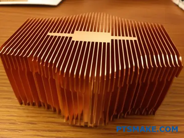 Professionell kylkomponent i koppar med fenor som visar design för termisk hantering för elektroniska applikationer