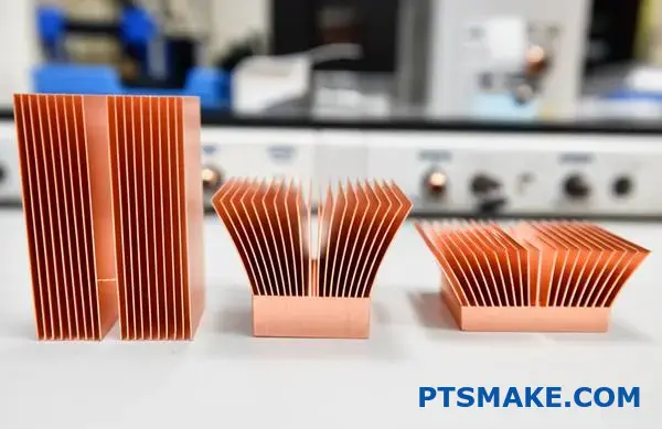 Tre varianter av kylflänsar i koppar med plattfläns, stiftfläns och utsvängd fläns med detaljerade strukturer för värmeavledning
