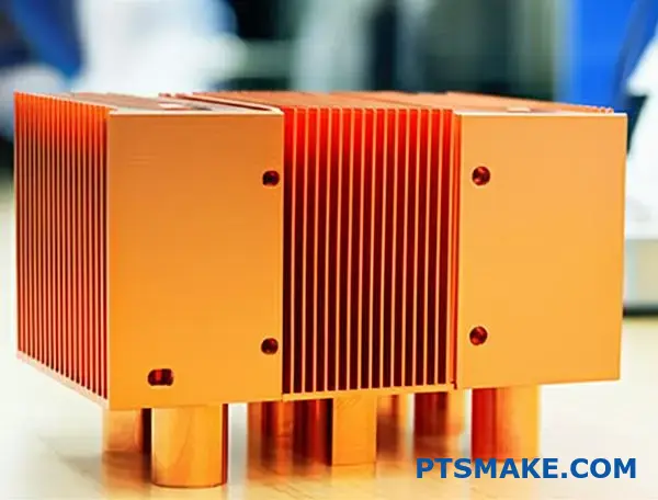 Detaljerad vy av värmeavledare i koppar med inbäddade värmeledningsrör för effektiv värmeöverföring