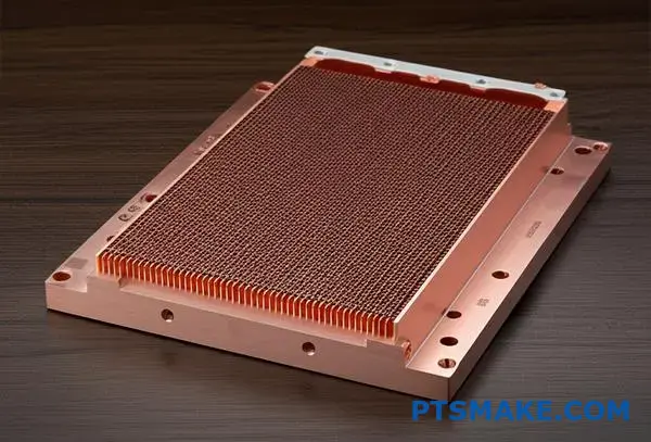 Tvärsnittsvy av värmespridare i koppar som visar inre veke-struktur och vakuumförslutna kammarkomponenter