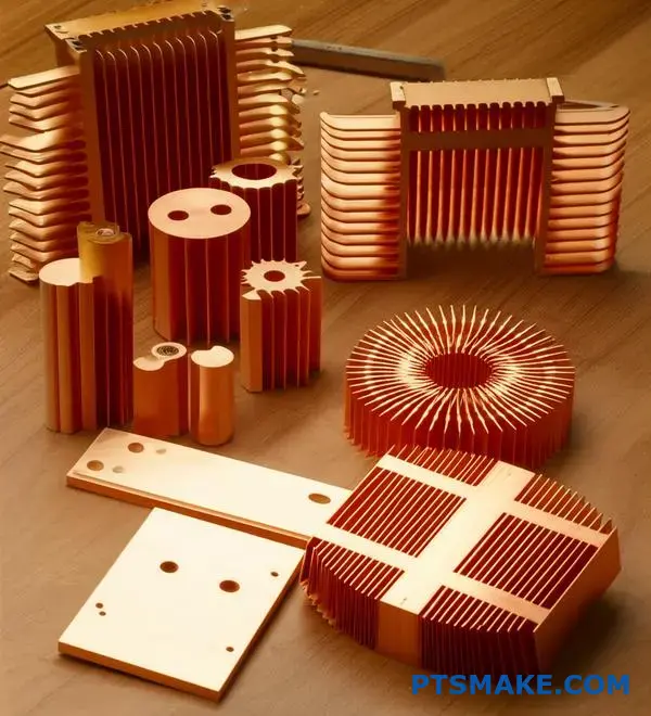 Olika värmehanteringskomponenter och kyllösningar i koppar visas med olika kylflänsar för industriella tillämpningar