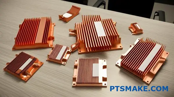Flera värmeavledare i koppar som visar olika tillverkningsmetoder och konfigurationer av kylflänsar för olika industriella applikationer