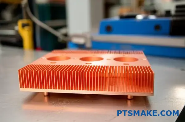 Högpresterande värmekomponent i koppar med precisionsbearbetade kylflänsar för elektroniska applikationer