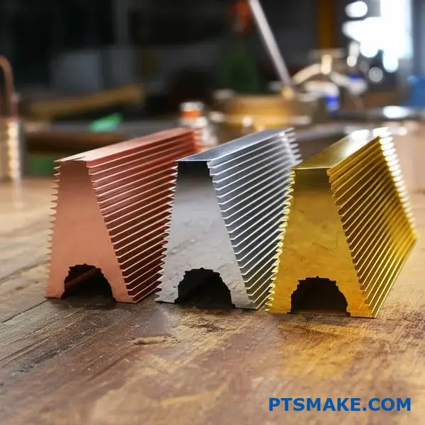 Tre värmekomponenter av koppar med olika oxidationsskyddande beläggningar, inklusive nickel- och guldplätering