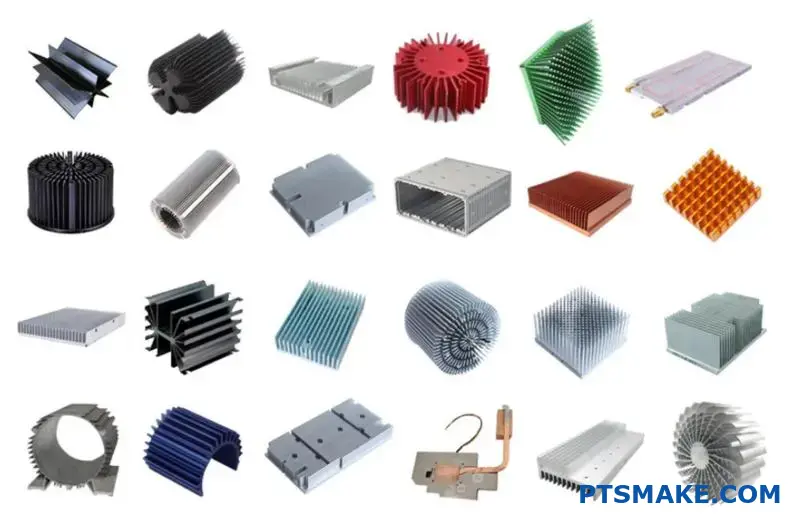 Assorterade kylflänsar i olika former och färger