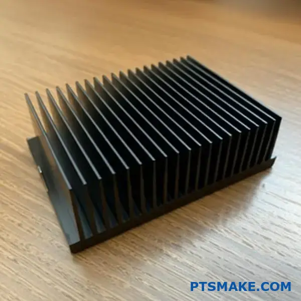 Detaljerad bild av kylfläns i massiv aluminium som visar kontinuerlig fenstruktur och design för termisk hantering