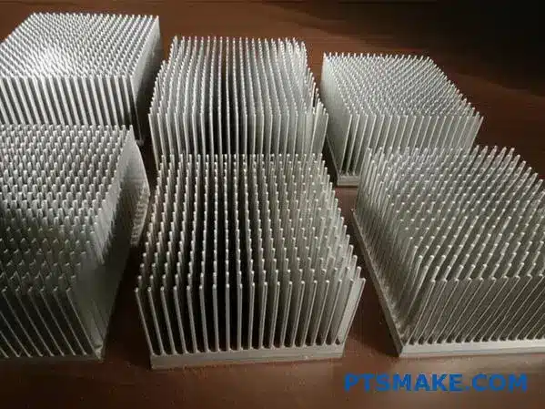 Olika kylflänsarrangemang som visar olika stifttätheter och avståndskonfigurationer för värmehanteringstillämpningar