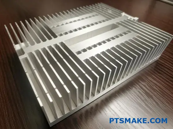 Värmeavledningskomponent med hög densitet och skrovliga fenor med tunna parallella kylstift för applikationer inom termisk hantering