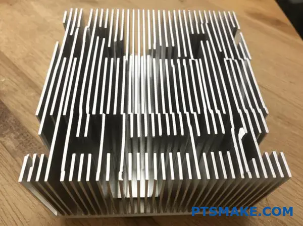 Detaljerad vy av kylfläns med skrovliga fenor som visar tunna aluminiumfenor med exakta avstånd för optimal värmeöverföringseffektivitet