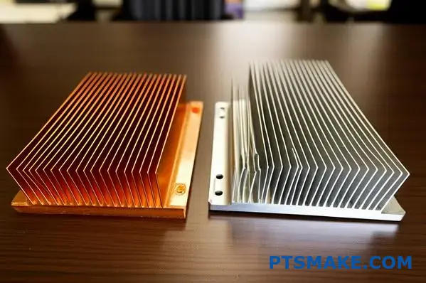 Jämförelse av kylflänsar av koppar och aluminium med skrovliga fenor som visar materialskillnader och lösningar för termisk hantering