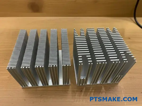 Jämförelse sida vid sida mellan kylflänsar med skrovliga fenor och extruderade kylflänsar som visar olika kyltekniker