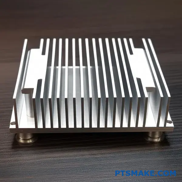 Närbild av precisions kylfläns i aluminium med vertikala kylflänsar på kretskort