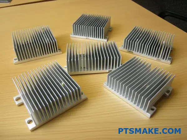 Sortiment av kylflänsar i aluminium med vertikala stiftfenor för värmehantering inom elektronik