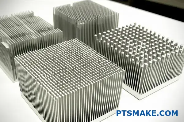 Olika kylflänsar av aluminium som visar olika stiftgeometrier och design för termisk hantering på arbetsytan