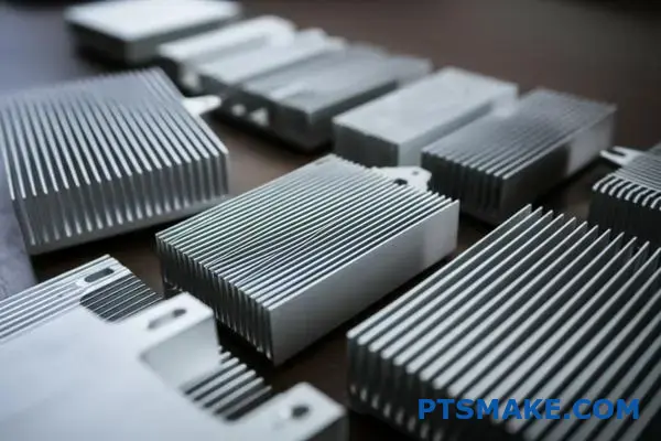 Olika kylflänsar i aluminium och komponenter för termisk hantering visas för jämförelse av tillverkningskostnadsanalys